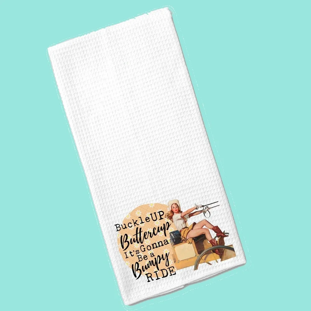 Vintage Pinup Waffle Weave Kitchen Towel Buckle Up Buttercup Bumpy Ride White